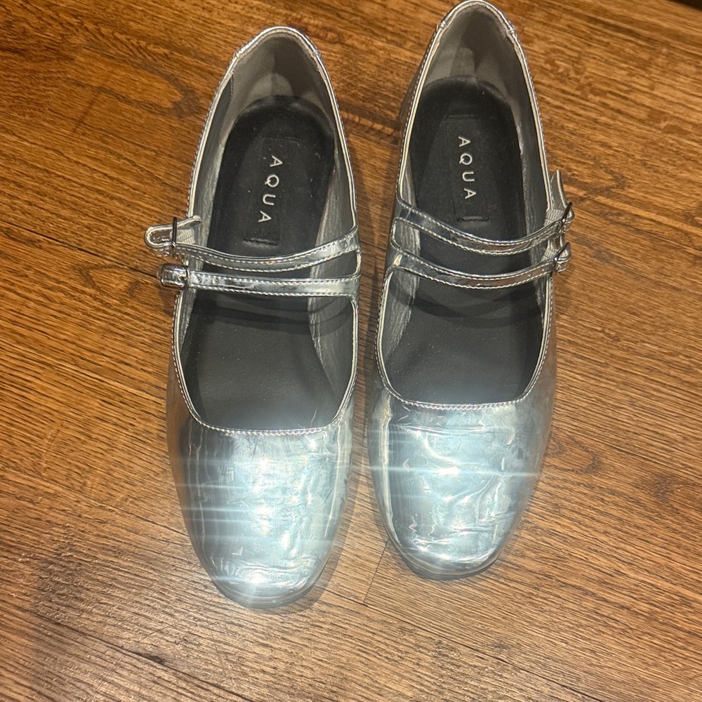 Aqua Metallic Silver Double-Strap Mary Janes